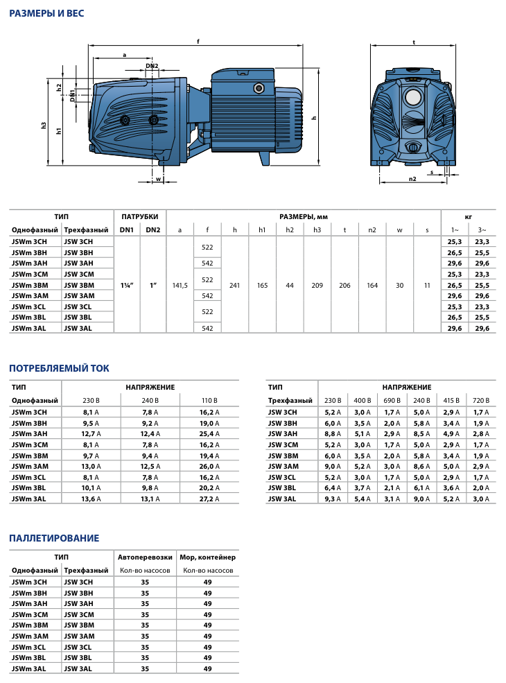 Размеры и вес самовсасывающих насосов Pedrollo JSW3