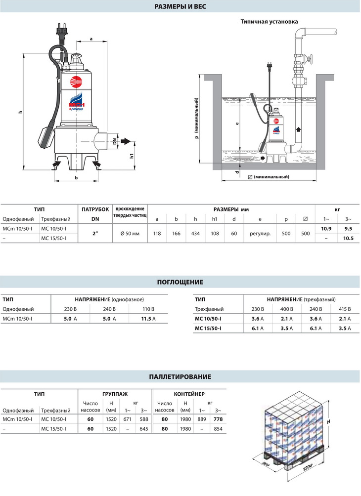 Размеры фекальных насосов Pedrollo MC-I (MCm-I) 10/50