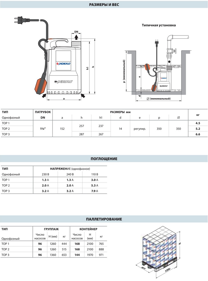 Размеры дренажных насосов Pedrollo TOP-3