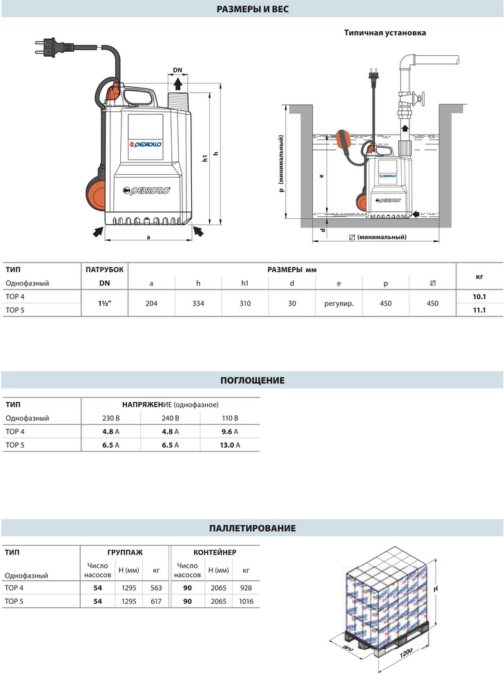 Размеры дренажных насосов Pedrollo TOP-4