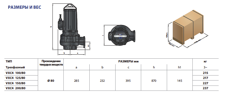 Размеры фекальных насосов Pedrollo VXC4 высокой производительности